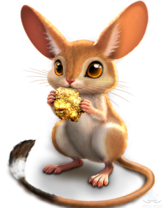 Image of a stylistized jerboa holding a golden nugget