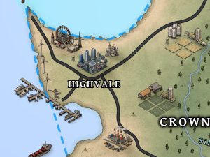 Map of Valaenia showing a city, harbour, industry and agriculture.
