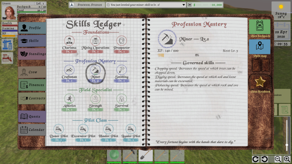 In-game player's notebook showing the skills